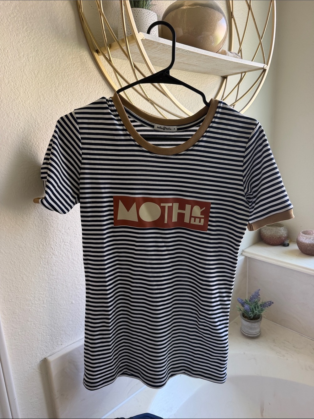 MOTHER Striped Short Sleeve Tee with Rust Trim - Black/White